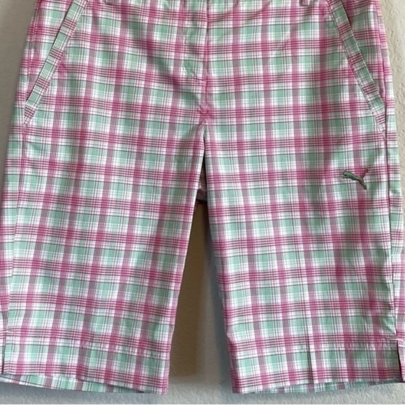 Puma Pink Green White Plaid Tech Golf Bermuda Length Breathable Shorts Size 6 - Picture 4 of 11